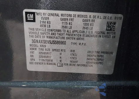 2018 Chevrolet Equinox Lt z USA, uszkodzony, nr VIN 3GNAXSEV9JS586960